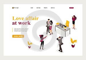 Isometric love affair at work, colleagues shocked love colleagues. Website Template Landing page