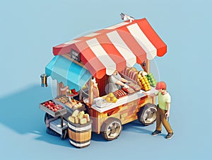 Isometric low poly food cart with vender and customer. Street food concept photo