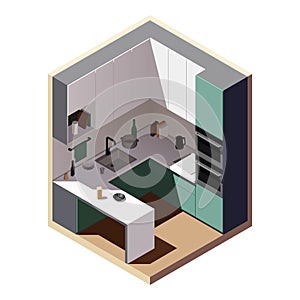 Isometric low poly green and white kitchen