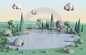 Isometric Low Poly Lake peaceful scene Surrounded by trees natures and clound on sky sunset sweet color for background, 3D illustr