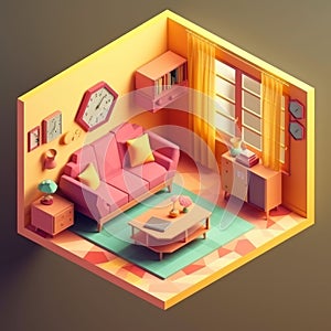 Isometric low-poly living room design in 3D illustration, featuring a cute and cozy sofa, coffee table, windows, curtains, clock,