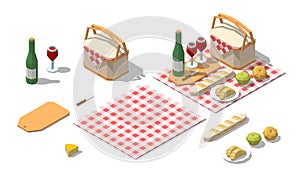 Isometric low poly picnic food set. Vector illustration