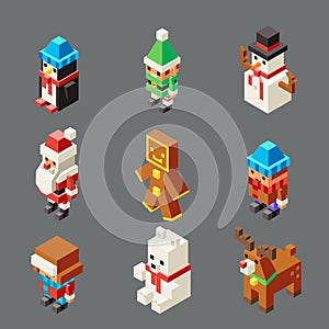 Isometric lowpoly christmas characters winter new year polygonal 3d isolated icons set flat cartoon design vector