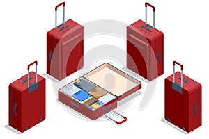 Isometric luggage or baggage for travel and transport concept design. Travel bags, suitcase set photo