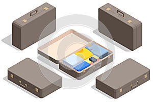 Isometric luggage or baggage for travel and transport concept design. Travel bags, suitcase set