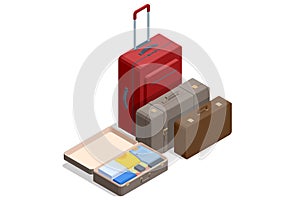 Isometric luggage or baggage for travel and transport concept design. Travel bags, suitcase set