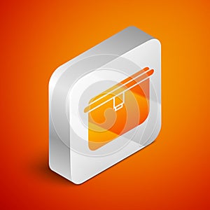 Isometric Lunch box icon isolated on orange background. Silver square button. Vector Illustration