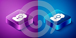 Isometric Magic rune icon isolated on blue and purple background. Rune stone. Square button. Vector