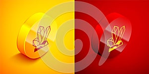 Isometric Magic stone icon isolated on orange and red background. Fantasy crystal. Jewelry gem for game. Circle button