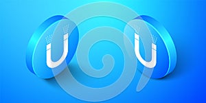 Isometric Magnet icon isolated on blue background. Horseshoe magnet, magnetism, magnetize, attraction. Blue circle photo