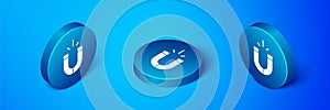 Isometric Magnet icon isolated on blue background. Horseshoe magnet, magnetism, magnetize, attraction. Blue circle