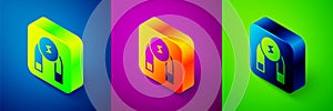 Isometric Magnet icon isolated on blue, purple and green background. Horseshoe magnet, magnetism, magnetize, attraction