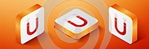 Isometric Magnet icon isolated on orange background. Horseshoe magnet, magnetism, magnetize, attraction. Orange square button.