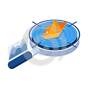 Isometric Magnifying Glass Analyze Yellow Boat in Blue Ocean