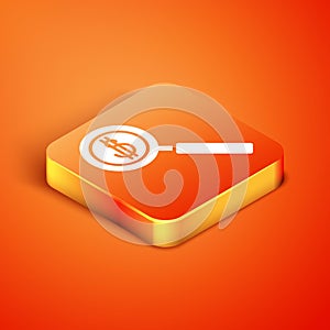 Isometric Magnifying glass and dollar symbol icon isolated on orange background. Find money. Looking for money. Vector