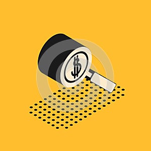 Isometric Magnifying glass and dollar symbol icon isolated on yellow background. Find money. Looking for money. Vector