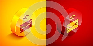 Isometric Mail and e-mail icon isolated on orange and red background. Envelope symbol e-mail. Email message sign. Circle