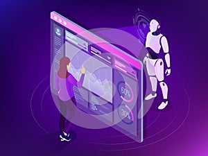 Isometric Maintenance engineer working with digital display. Robot programming concept. Artificial intelligence
