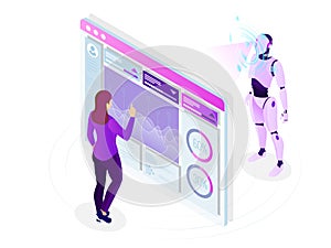 Isometric Maintenance engineer working with digital display. Robot programming concept. Artificial intelligence