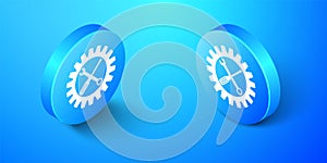 Isometric Maintenance symbol - screwdriver, spanner and cogwheel icon isolated on blue background. Service tool symbol