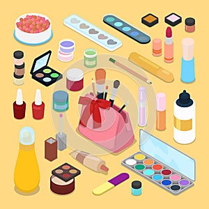 Isometric Make-up Cosmetics Products. Lipstick Mascara Nail Polish Brush