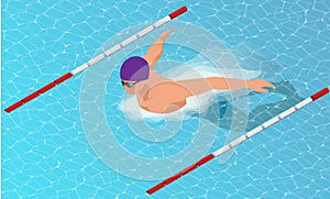 Isometric male swimmers doing butterfly style in different swimming lanes. Sports background