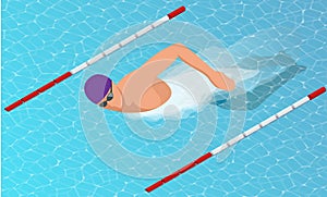 Isometric male swimmers doing free style in different swimming lanes.