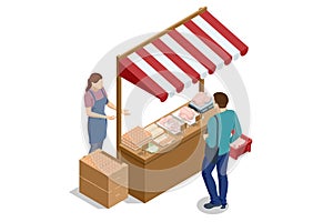 Isometric man choosing packed chicken meat. Chicken Egg Packaging. Raw chicken thigh meat.