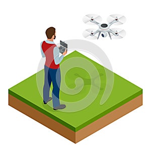 Isometric man with drone quadrocopter, Remote aerial drone with a camera taking photography or video recording. game