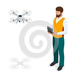 Isometric man with drone quadrocopter, Remote aerial drone with a camera taking photography or video recording. game