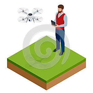 Isometric man with drone quadrocopter, Remote aerial drone with a camera taking photography or video recording. game