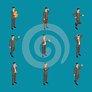 Isometric man with emotions, 3d businessman, in different poses with different emotions. Use the character`s appropriate character