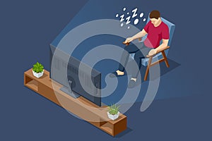 Isometric man fell asleep watching TV. Lazy man watching television at night alone