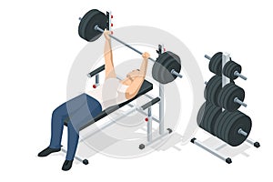 Isometric Man In Gym Exercising On The Bench Press. Sports and healthy lifestyle