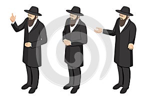 Isometric man in a hat and a long coat, a Jewish men. Religious Jew in traditional costume. Hasid with sidelocks. A man photo