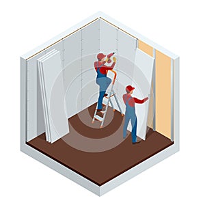Isometric man installing drywall gypsum panels vector illustration. Construction building industry, new home