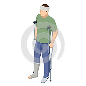 Isometric man with a leg injury in a cast on crutches, with a head injury. Social security and health insurance concept