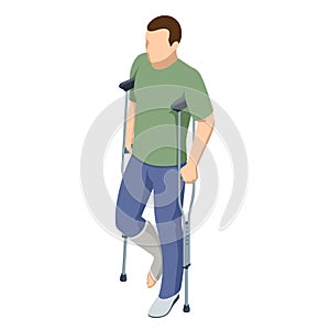 Isometric man with a leg injury in a cast on crutches. Social security and health insurance concept.