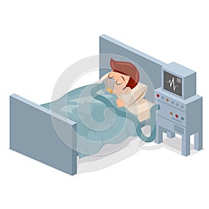 Isometric man lies with ventilator medical treatment cartoon character design vector illustration photo
