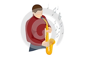 Isometric man playing saxophone. Saxophone jazz instrument. Jazz or blues musician