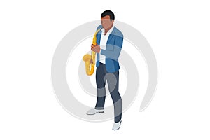 Isometric man playing saxophone. Saxophone jazz instrument. Jazz or blues musician