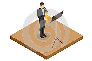 Isometric man playing saxophone. Saxophone jazz instrument. Jazz or blues musician