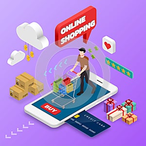 Isometric man shopping on smart phone. E-commerce online concept female person with shopping cart, technology store