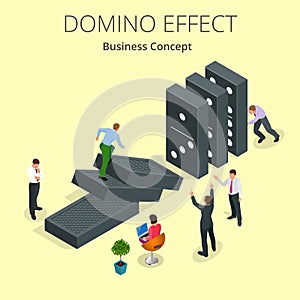 Isometric Man Start domino effect a and Chain reaction concept. Business metaphor. Business solution and helping