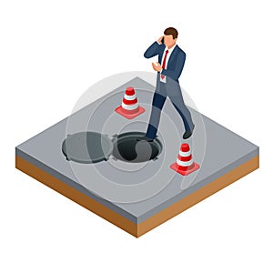 Isometric man talking on the phone and walks into the open hatch concept. Man into open manhole and repair of roads.