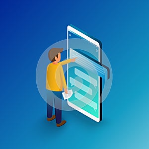 Isometric man typing on mobile smartphone. SMS messages chat and Speech bubbles. Flat vector illustration