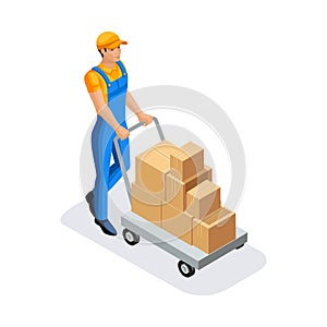 Isometric man in uniform gains goods in the warehouse for further delivery. Warehouse Concept. 3D character of emotion. Vector ill