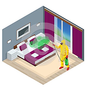 Isometric man wearing a protective suit disinfects bedroom with a spray gun. Virus pandemic COVID-19. Prevention against