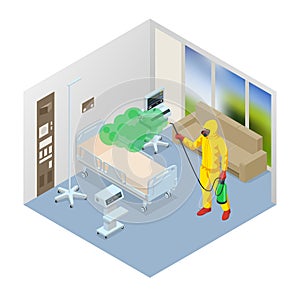 Isometric man wearing a protective suit disinfects hospital ward with a spray gun. Virus pandemic COVID-19. Prevention