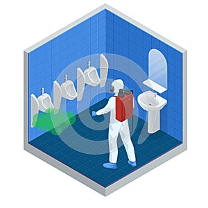 Isometric man wearing a protective suit disinfects public toilet with a spray gun. Virus pandemic COVID-19. Prevention